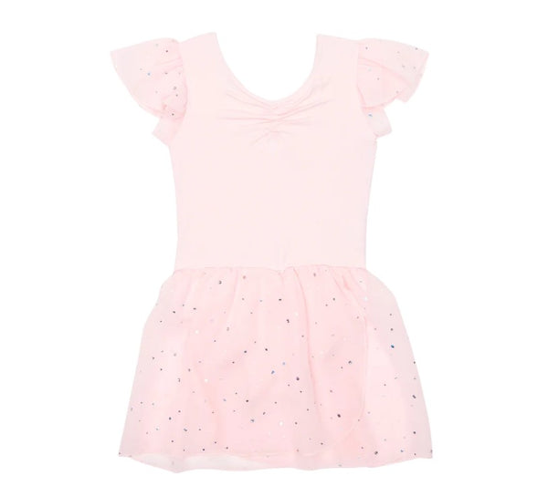 SUMI SEQUIN FLUTTER SLEEVE SKIRTED LEOTARD