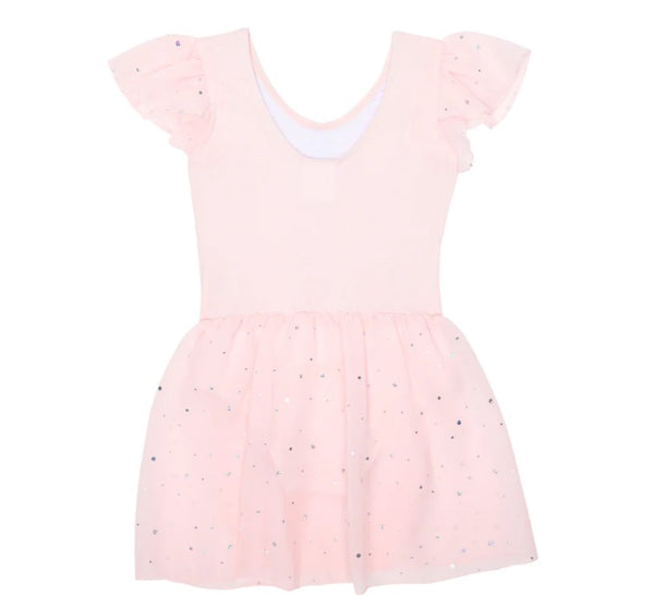 SUMI SEQUIN FLUTTER SLEEVE SKIRTED LEOTARD